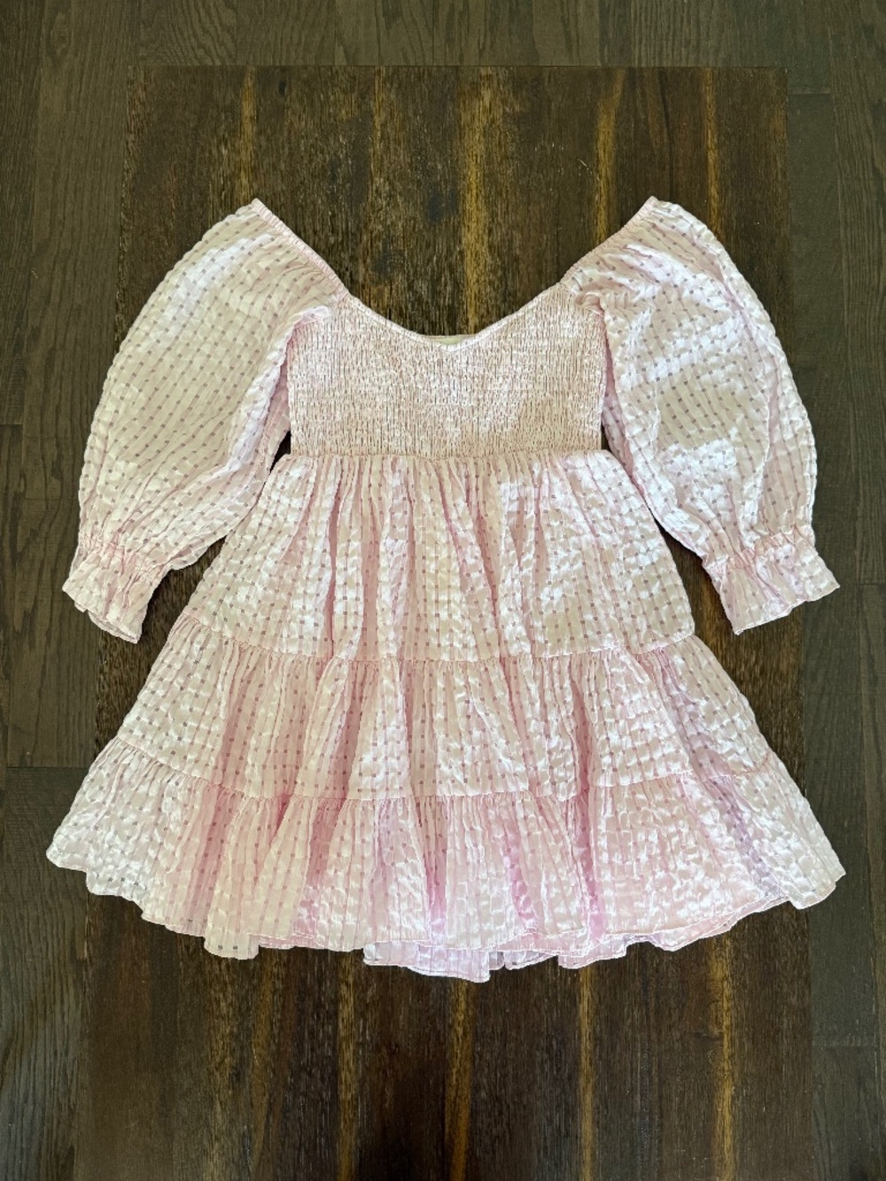 MABLE Pink Smocked Puff Sleeve Textured Check Tiered Babydoll Mini Dress Small - Picture 3 of 16